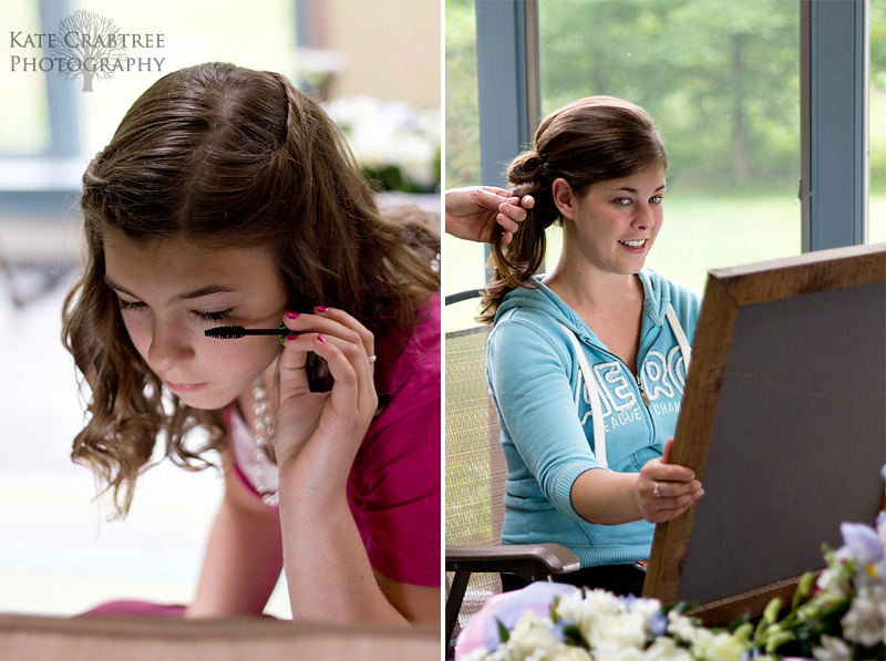 The bride and her little sister preparing for their wedding in Freeport Maine