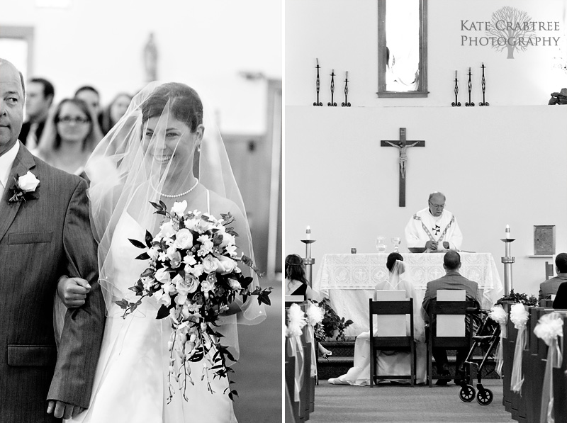 The beautiful bride walks down the aisle with her dad in Freeport Maine