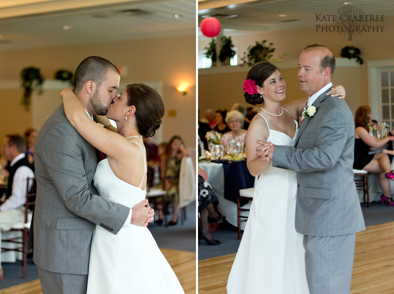 The bride dances with her now husband and her father at Val Halla in Cumberland Maine