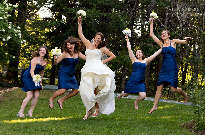 The bridal party jumps for joy celebrating the Whitehall Inn wedding that just commenced.