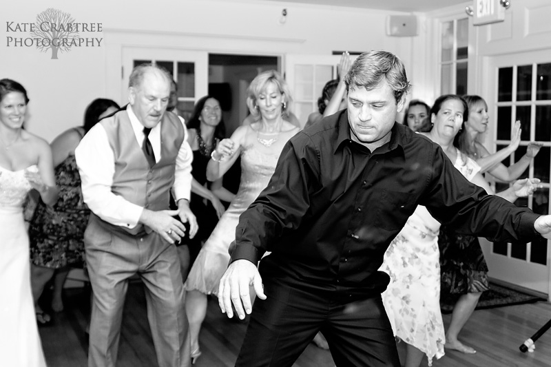The wedding DJ, Scott Keo, leads wedding guests in dancing to Thriller at the Whitehall Inn in Camden Maine