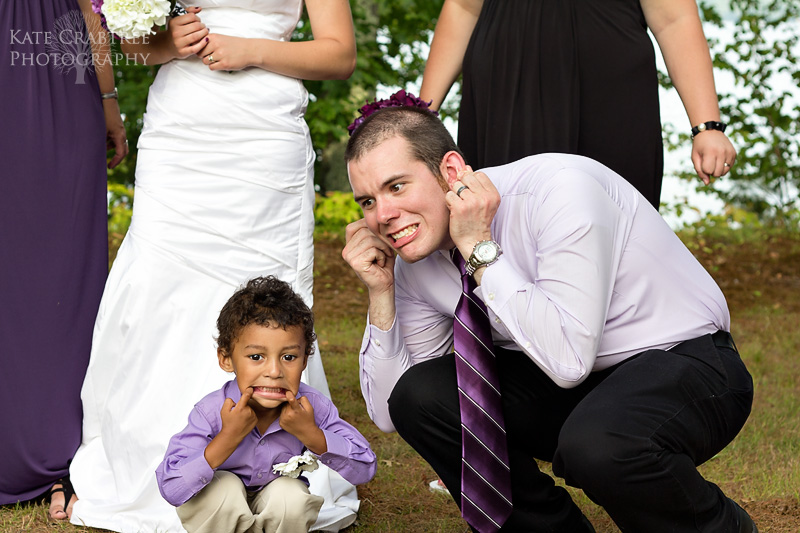 The bride's brother and the bride's son make funny faces at the camera at the laid back Lakeview Golf Course wedding.
