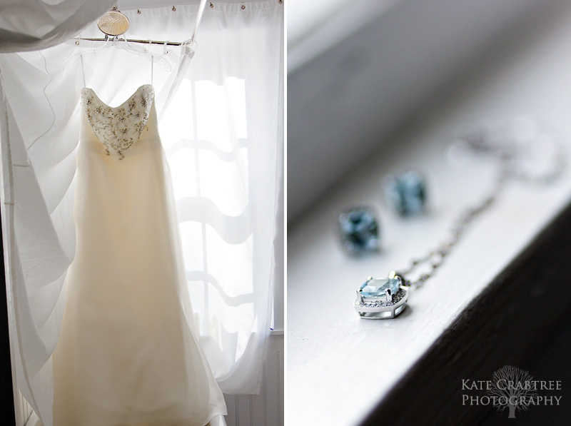Detail shots of the bride's jewelry and wedding dress at the Whitehall Inn