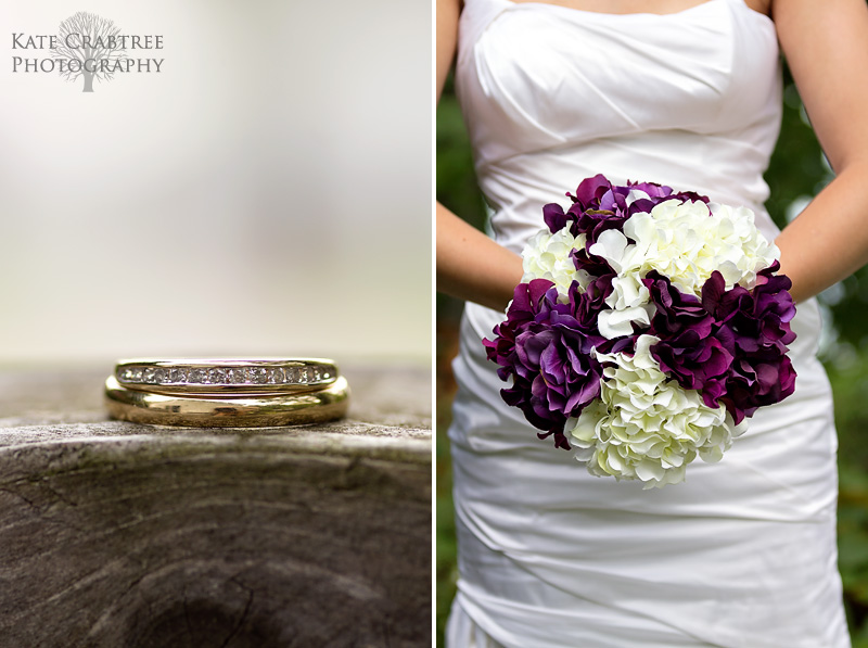 Detail shots of the bride and groom's wedding rings and the bride's homemade bouquet.