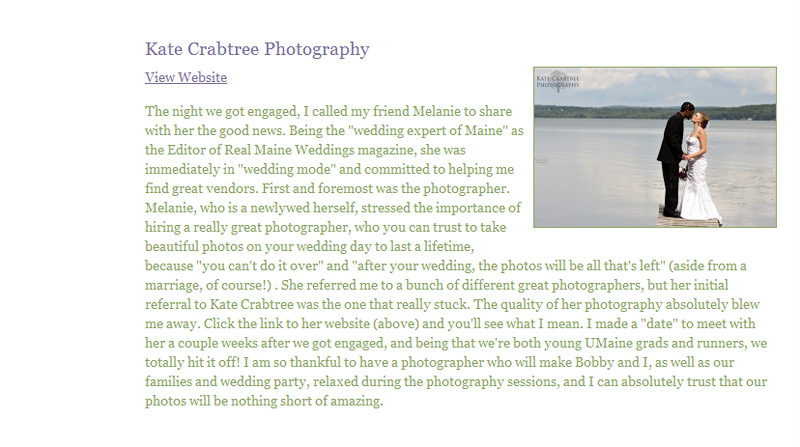 Praise for Maine wedding photographer Kate Crabtree