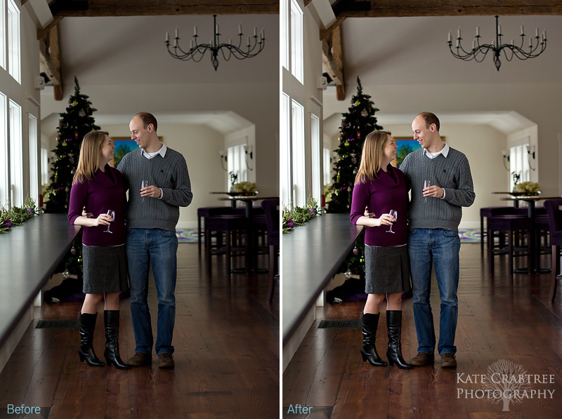 A before and after engagement photo of Erin and Keith