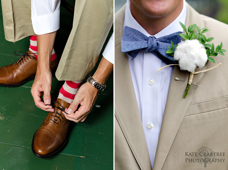 The Maine groom wears a cotton boutineer and striped socks