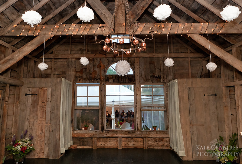 The setup of a rustic Maine wedding dance floor