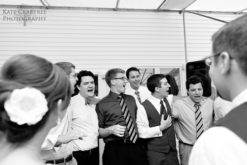 Several friends of the groom sang to the bride and the groom at their wedding reception at the Lucerne inn in Maine
