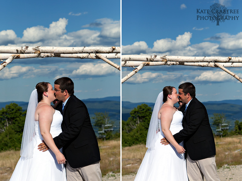 The bride and groom share their first kiss as husband and wife during their wedding ceremony at Sunday River in Maine