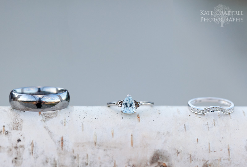 A photo of the wedding rings at a western maine wedding