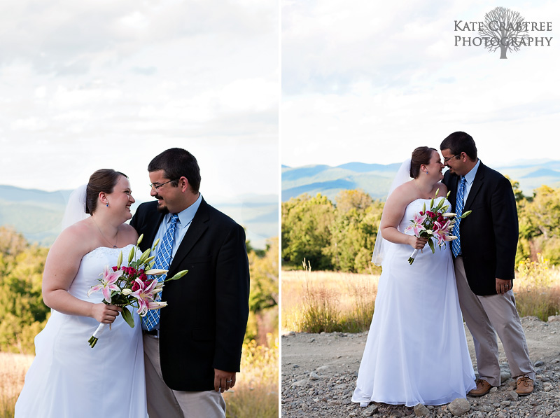 The bride and groom laugh during their wedding portraits on Sunday River in Maine