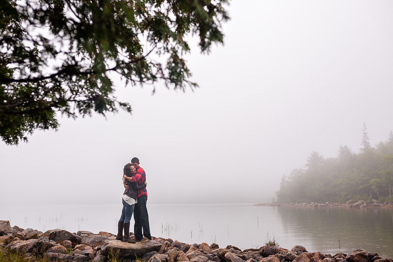 Engagement portraits taken in Jordan Pond in Acadia National Park