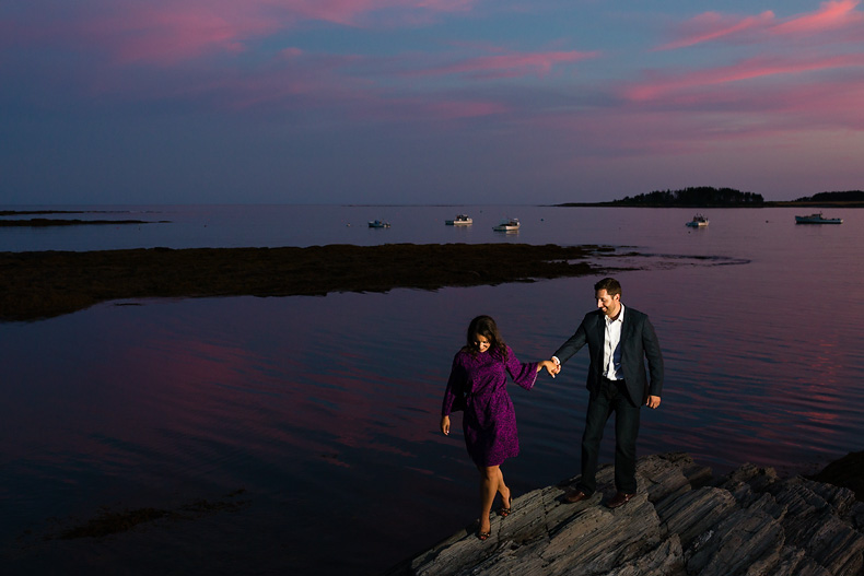 Sunset engagement portrait in Kettle Cove in Cape Elizabeth Maine