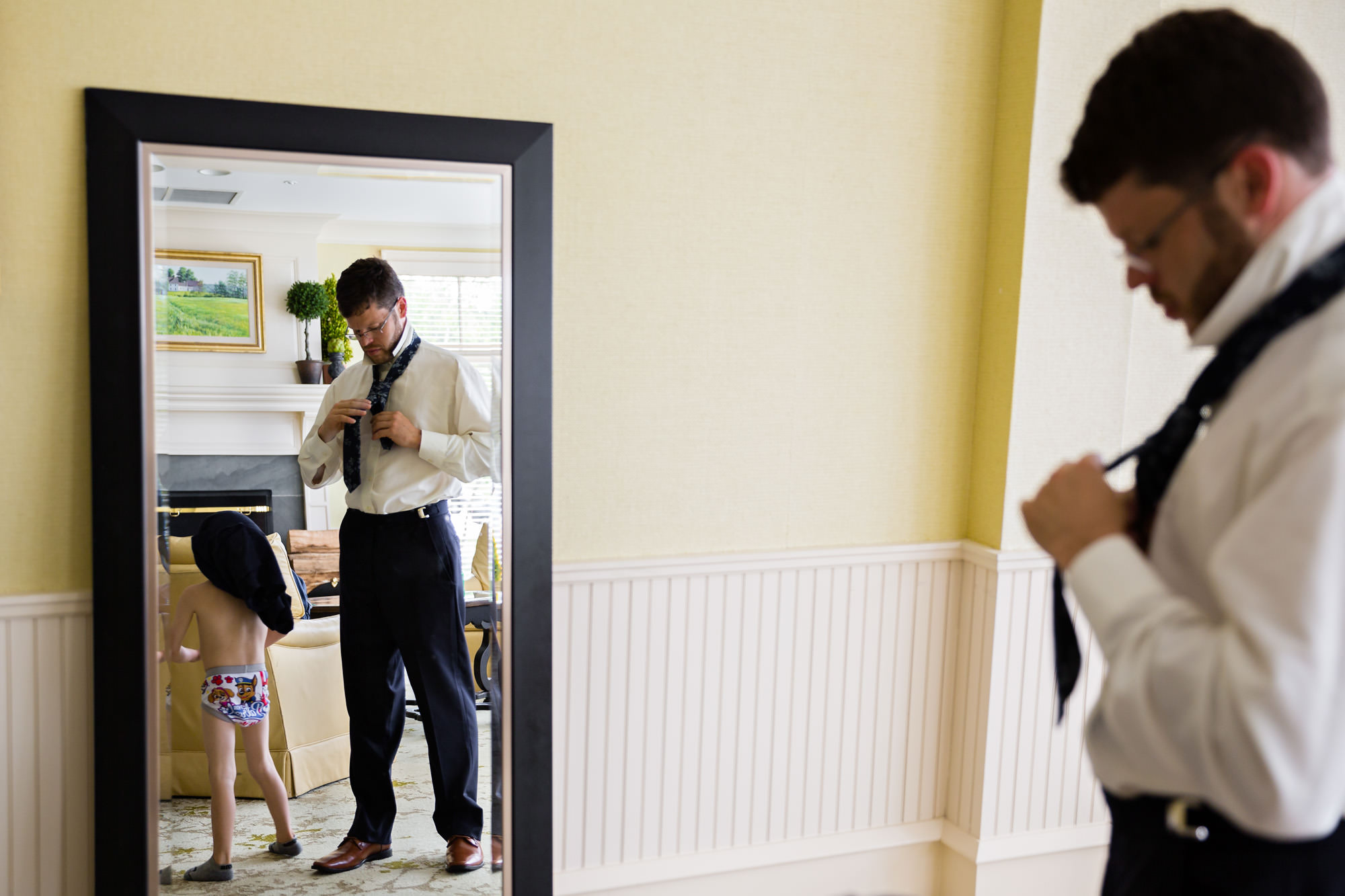 Getting ready with kids at a Point Lookout wedding in Maine