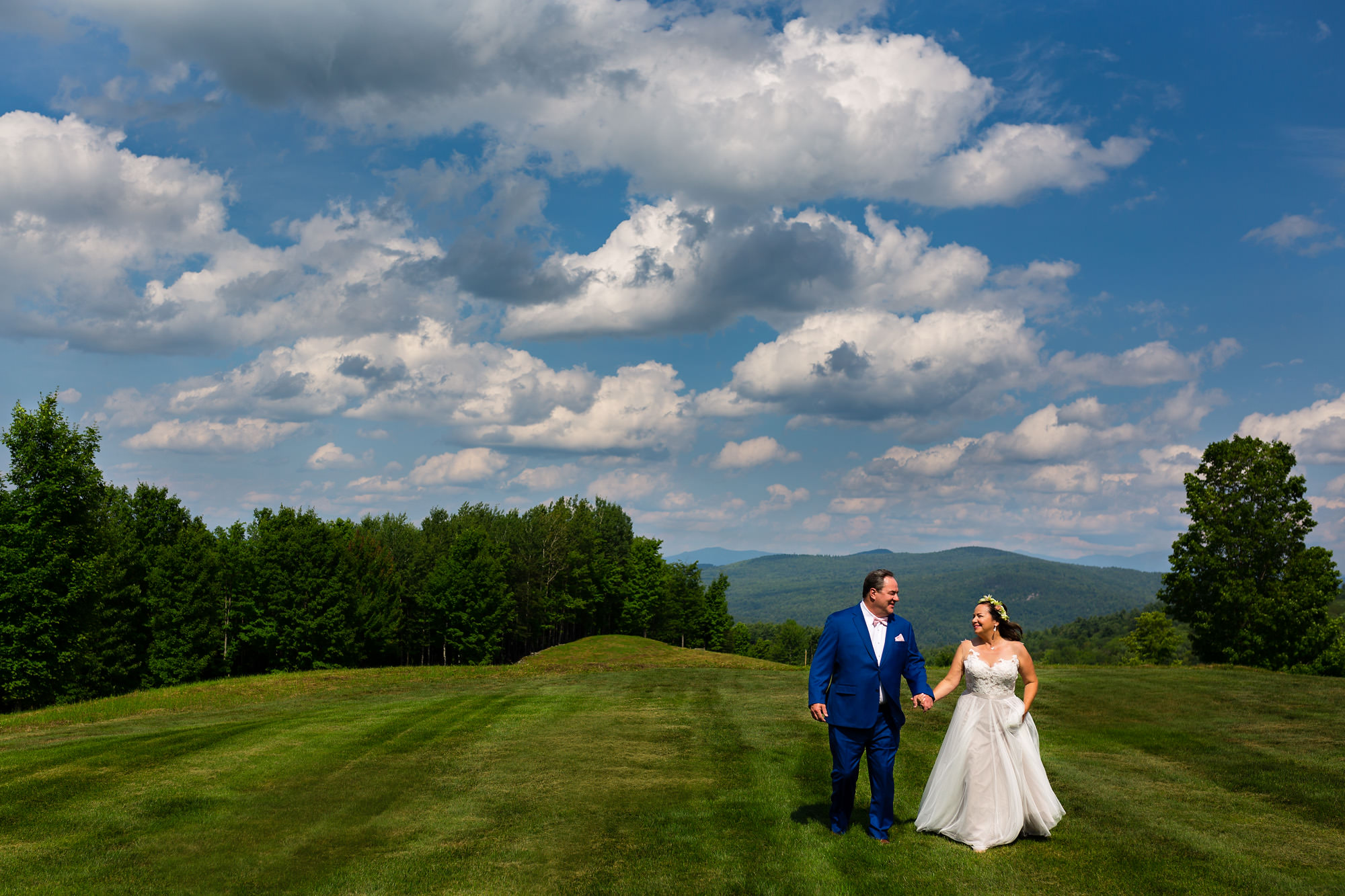 A bride and groom share a first look at a Sugar Hill New Hampshire private residence wedding