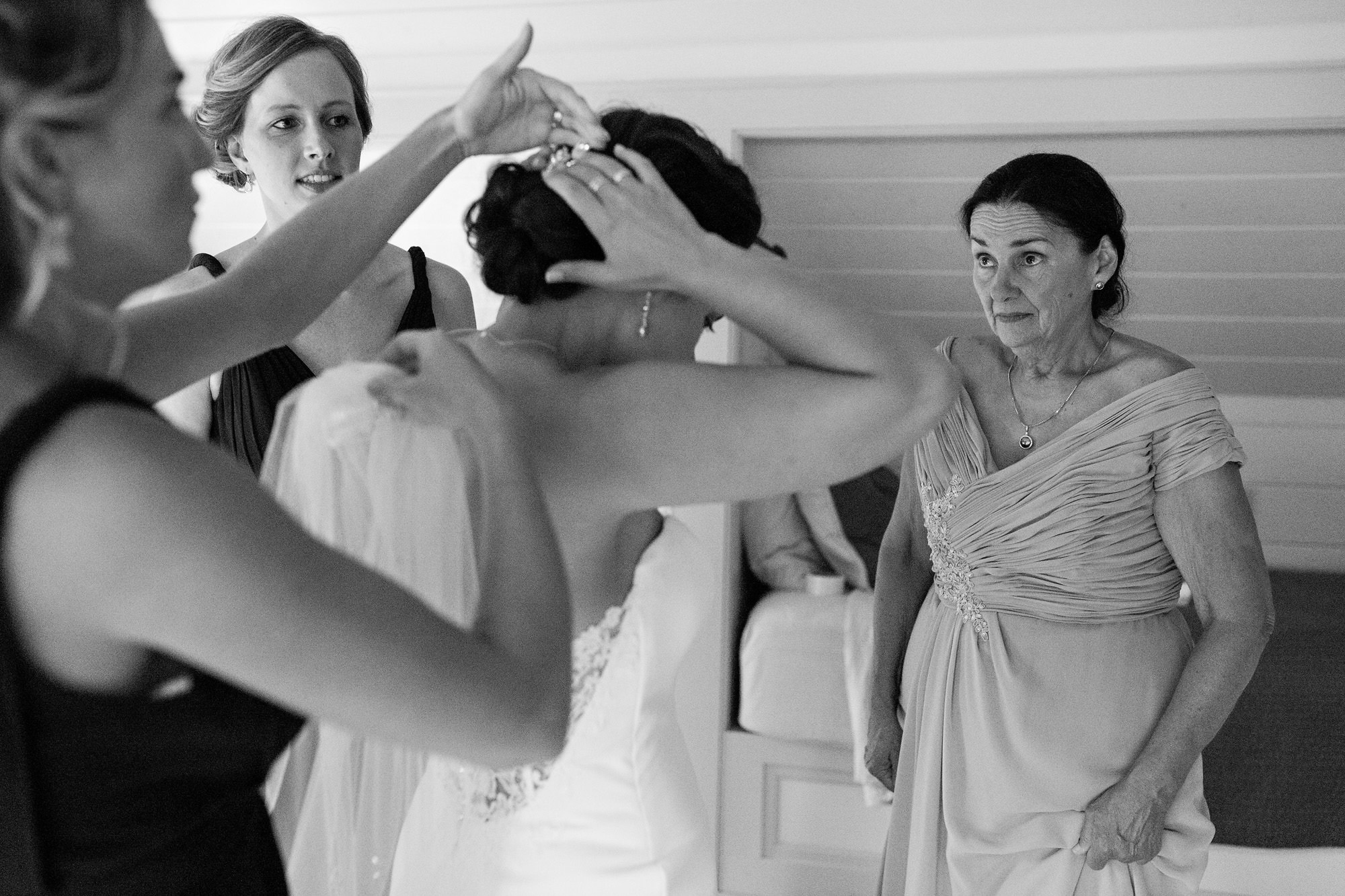 The bride and her bridesmaids get ready at the Barn at Flanagan Farm in Buxton, Maine