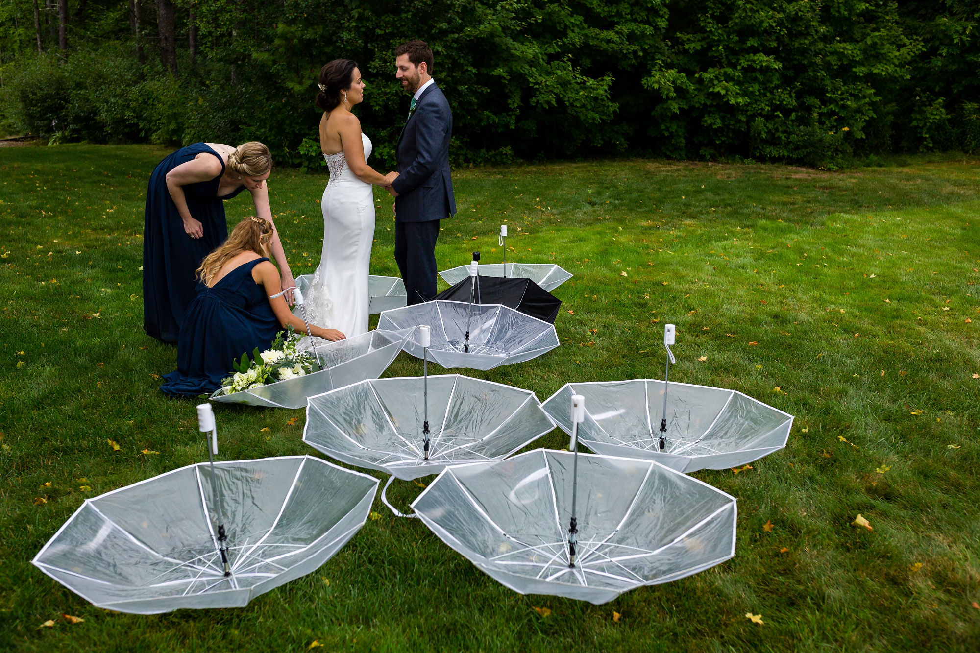 Rain falls immediately after a Maine wedding ceremony