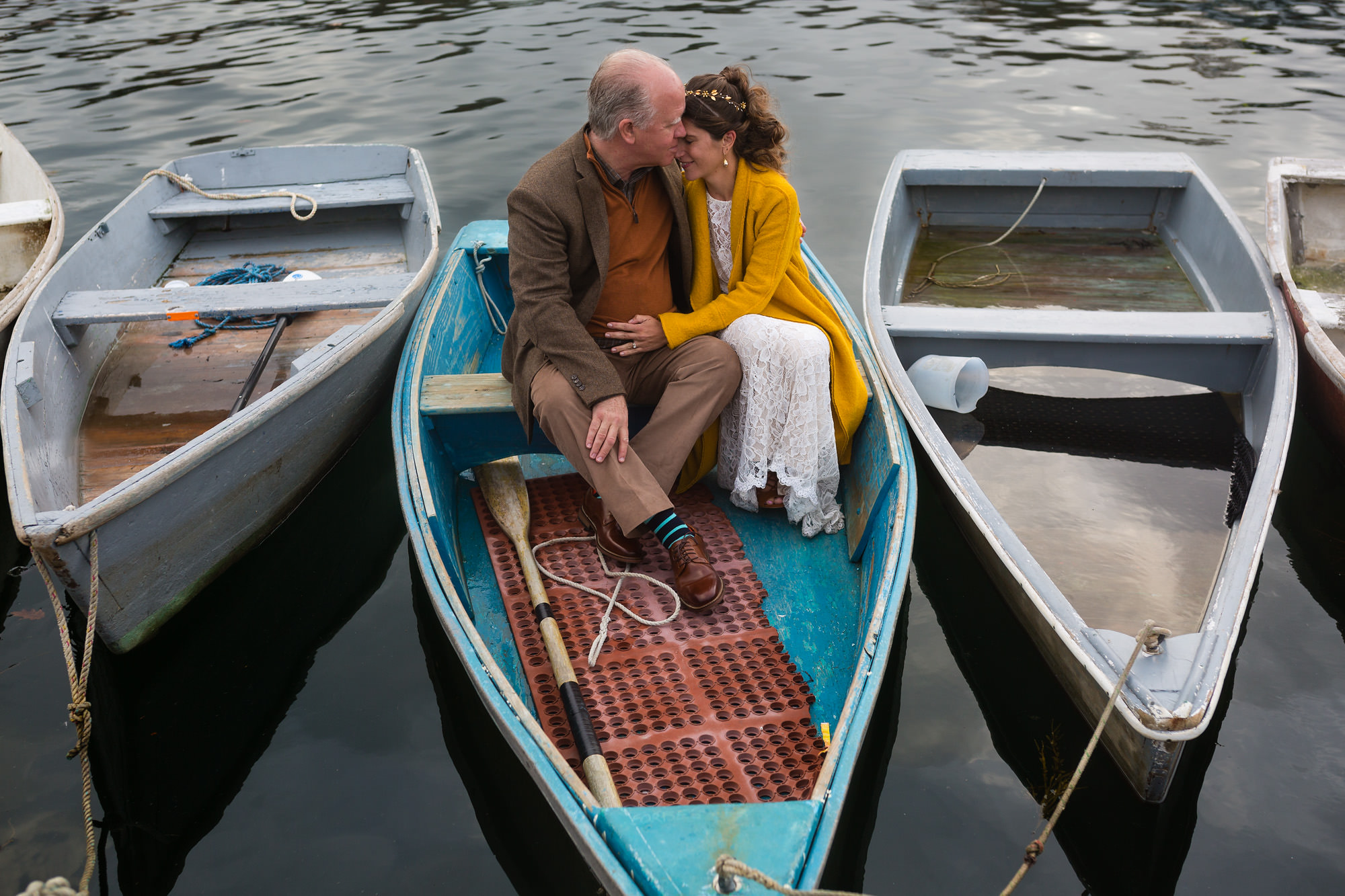 A wedding portrait in a rowboat in Oguinquit, Maine