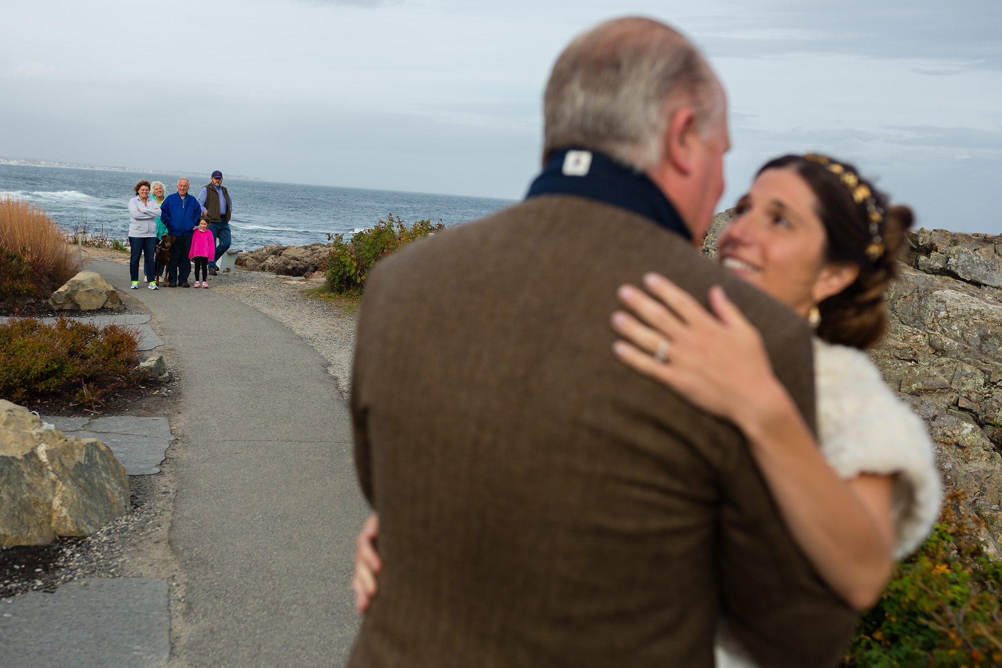 Jamey and Tom's first dance during their elopement at the Marginal Way in Oguinquit