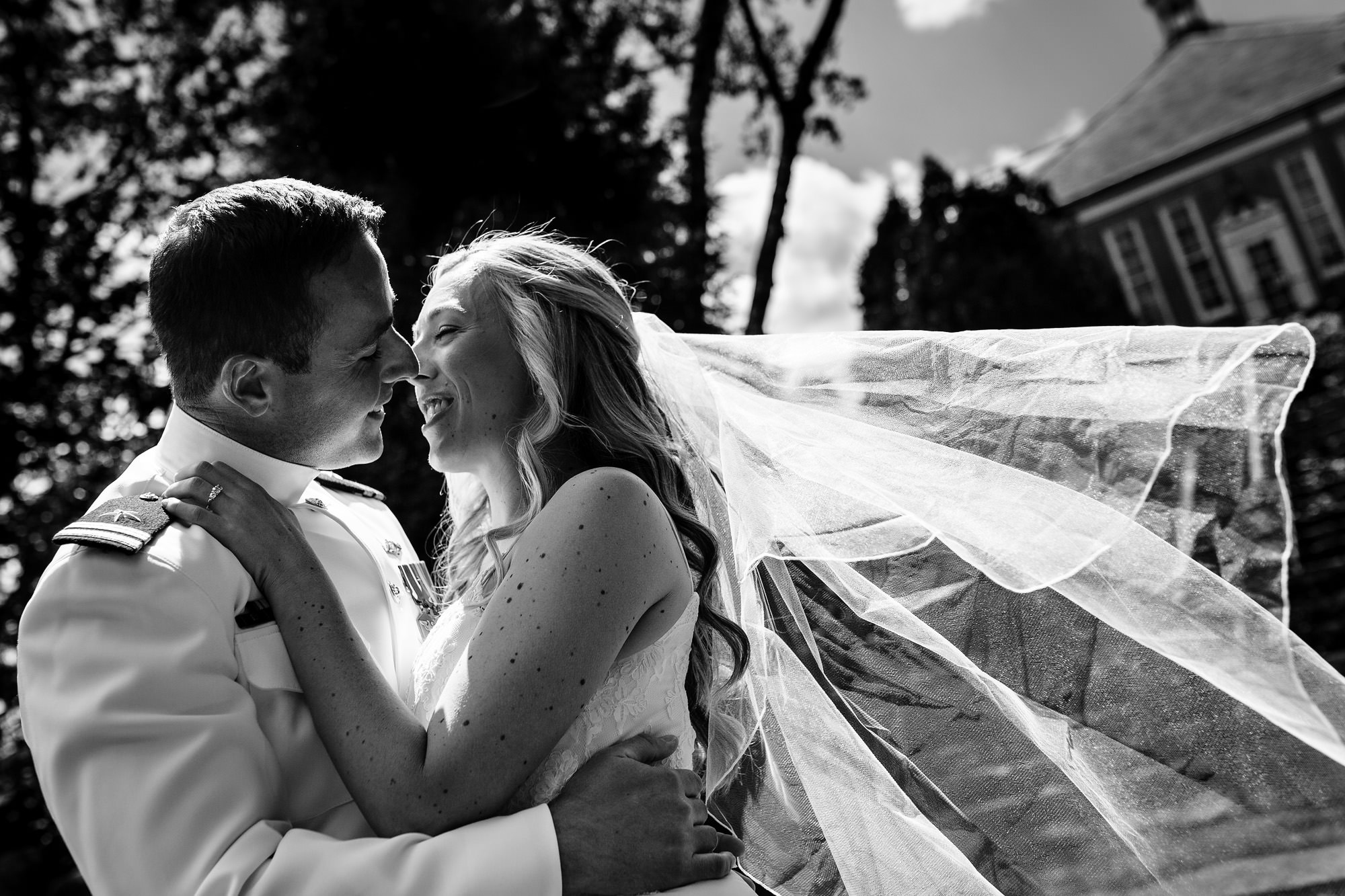 A first look between a bride and groom at their wedding in Camden, Maine