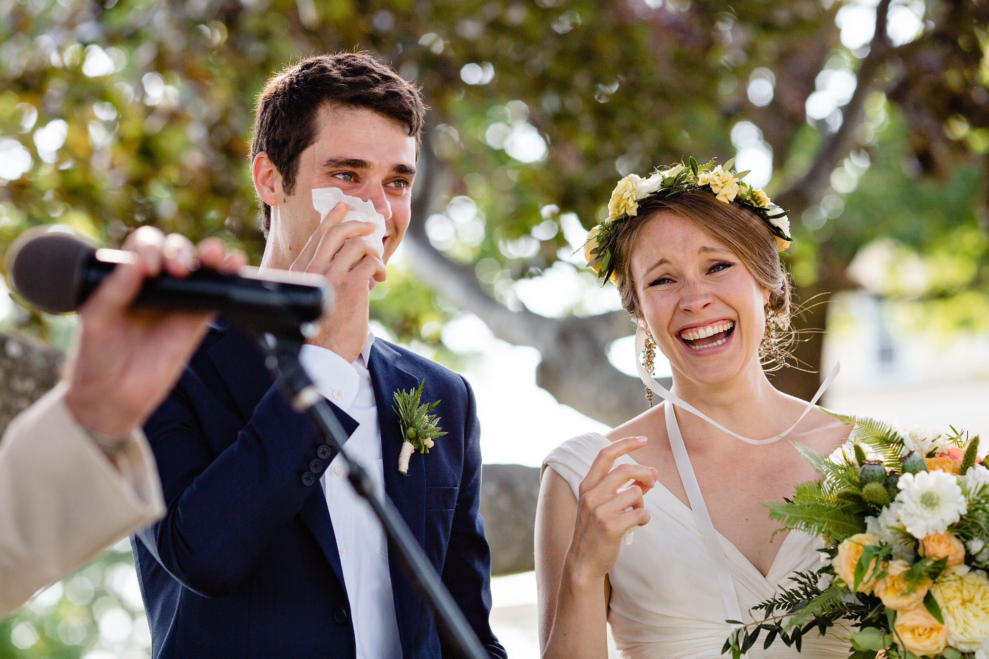 A couple laughs and cries at their Wells Reserve at Laudholm Farm wedding