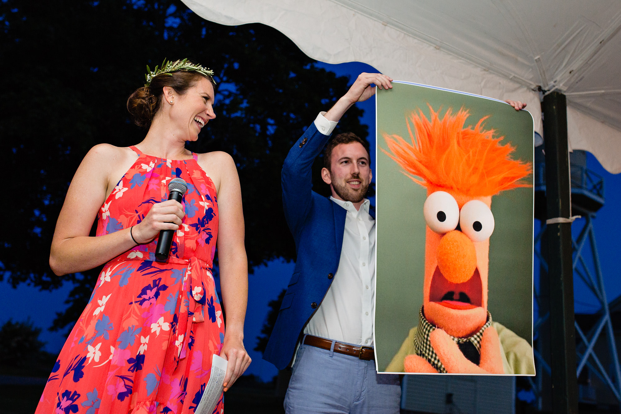 A funny toast takes place at a wedding at Laudholm Farm in Maine