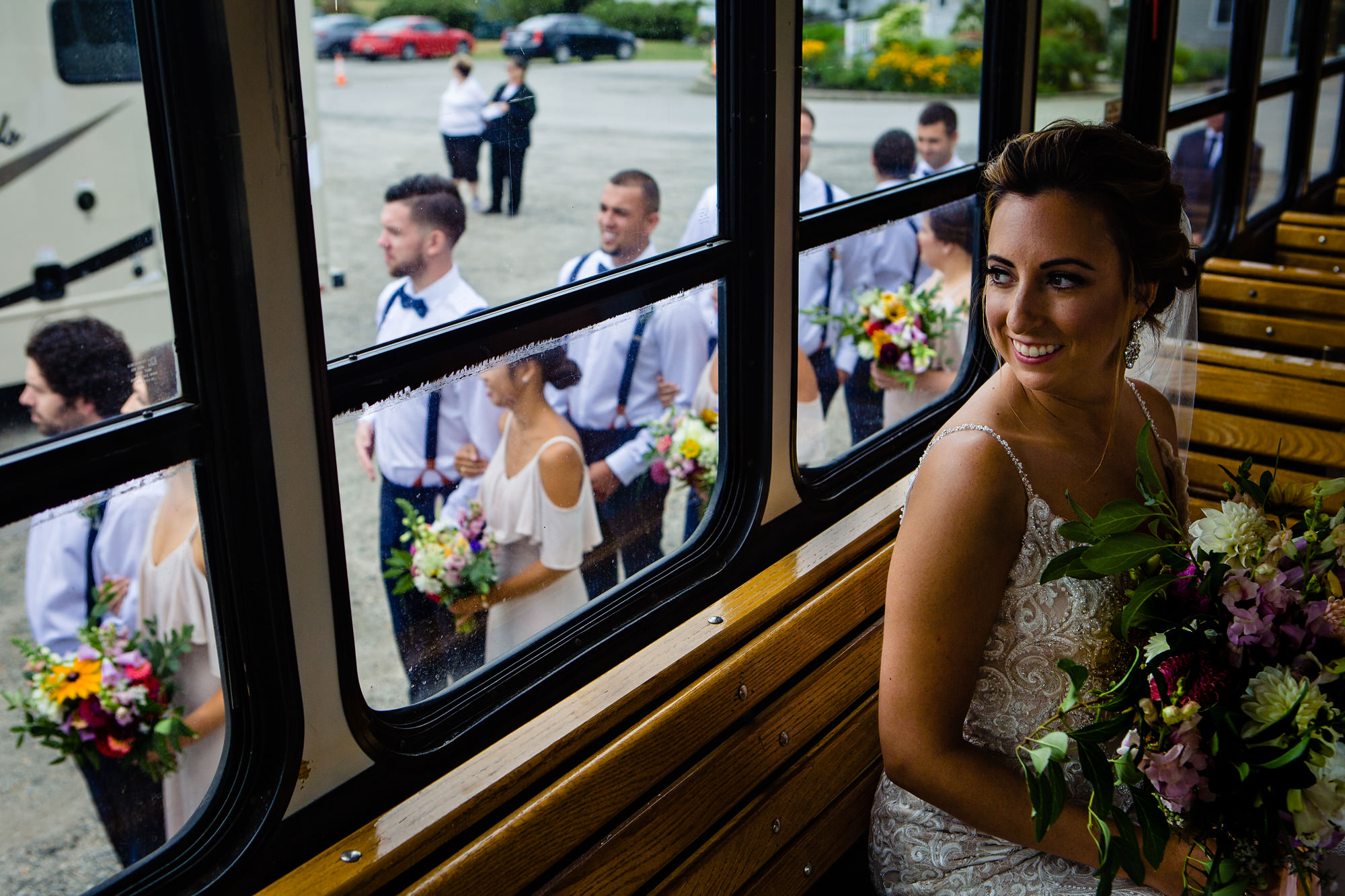 A bride waits on the trolley before her wedding ceremony at the Pemaquid Point Lighthouse