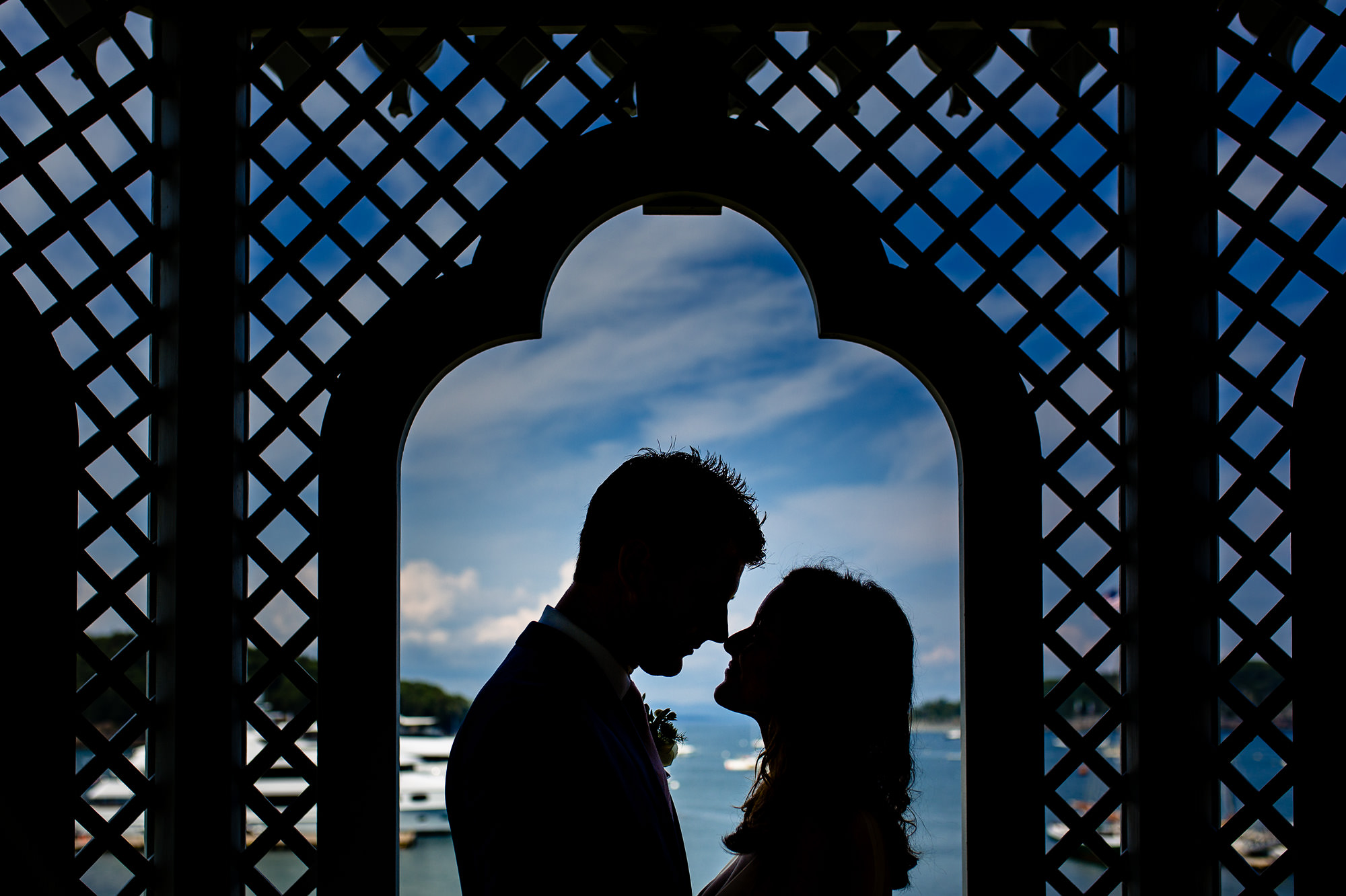 A couple poses in Agamont Park in Bar Harbor, Maine