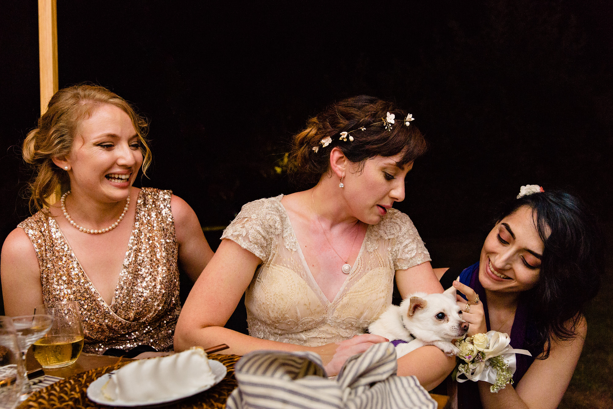 The bride takes a moment to cuddle her dog at her Maine wedding