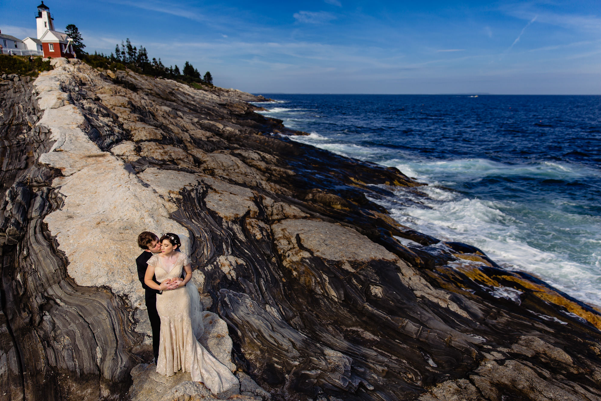 Beautiful wedding portraits at Pemaquid Point Lighthouse in Bristol, Maine