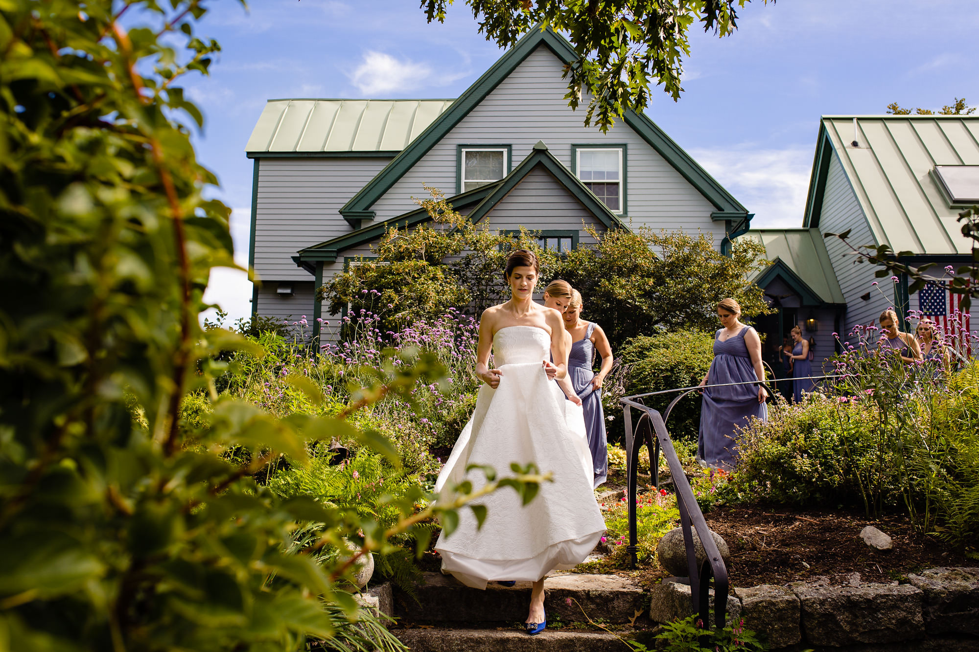 The bride walks to her first look at her private residence Blue Hill Maine wedding