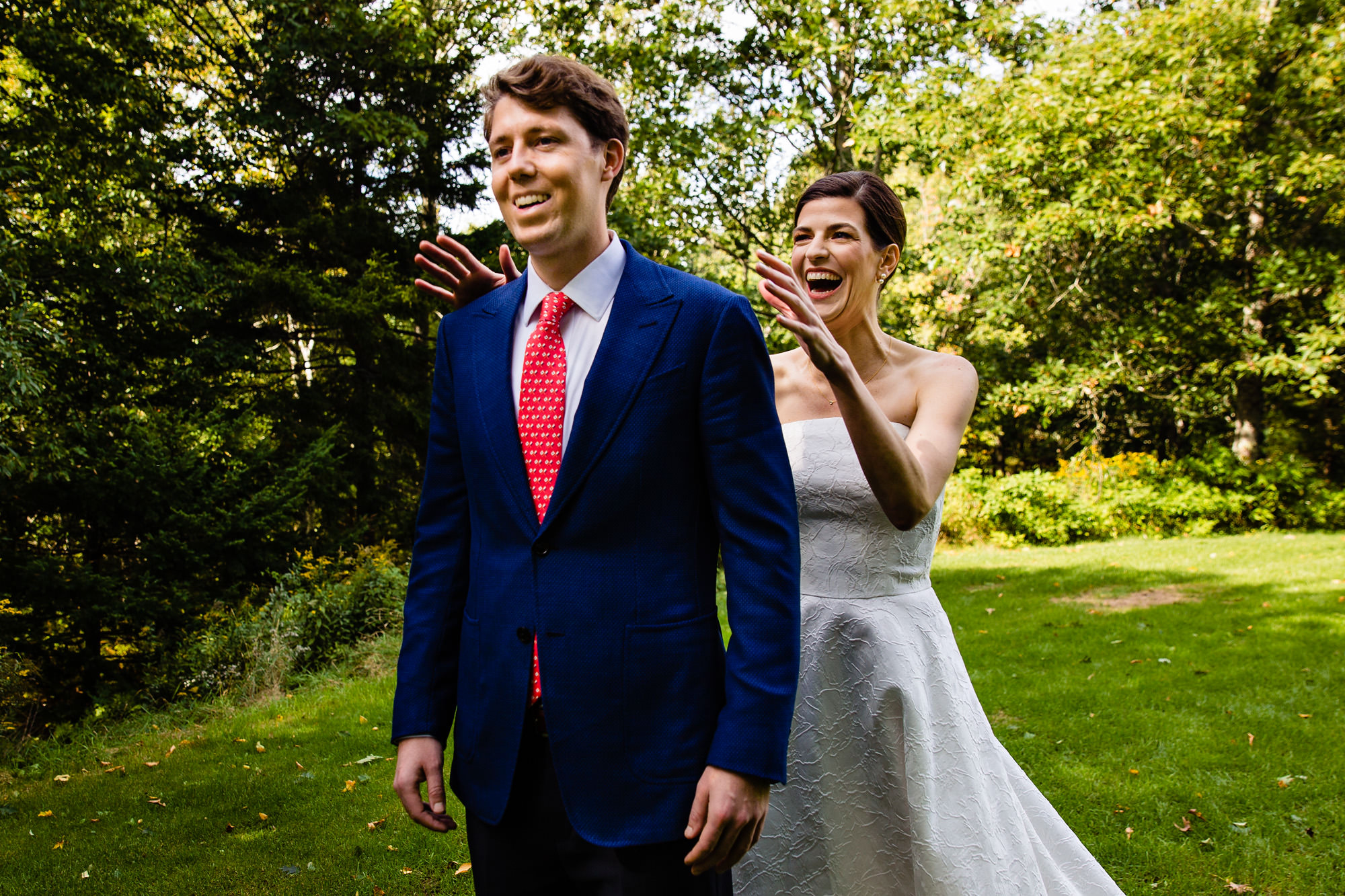 A first look between a bride and a groom at a Maine wedding