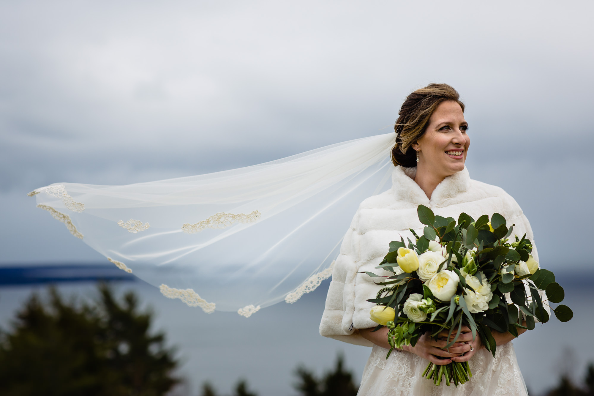 Wedding portraits taken at Point Lookout in Northport, Maine