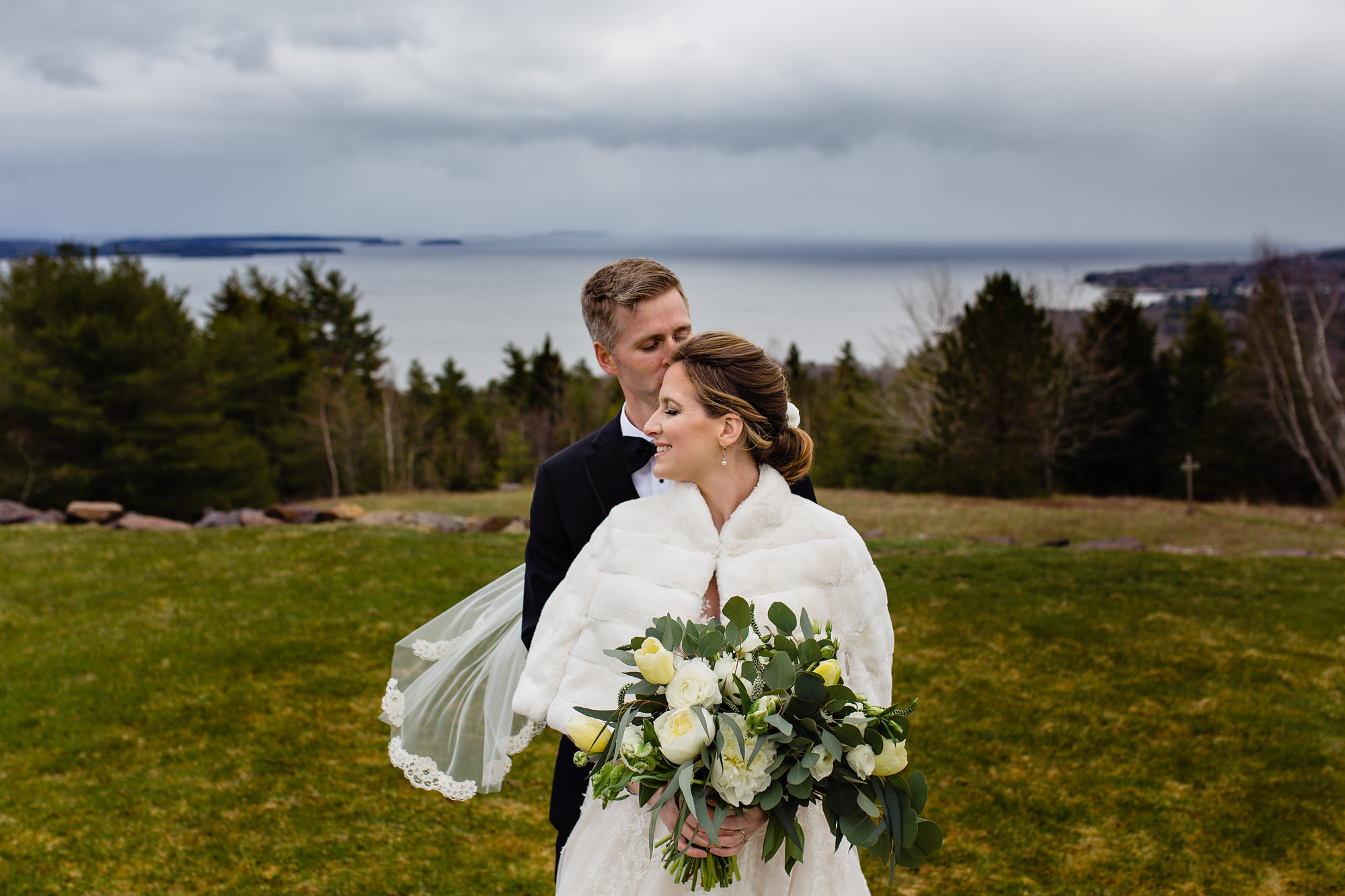 Wedding portraits taken at Point Lookout in Northport, Maine