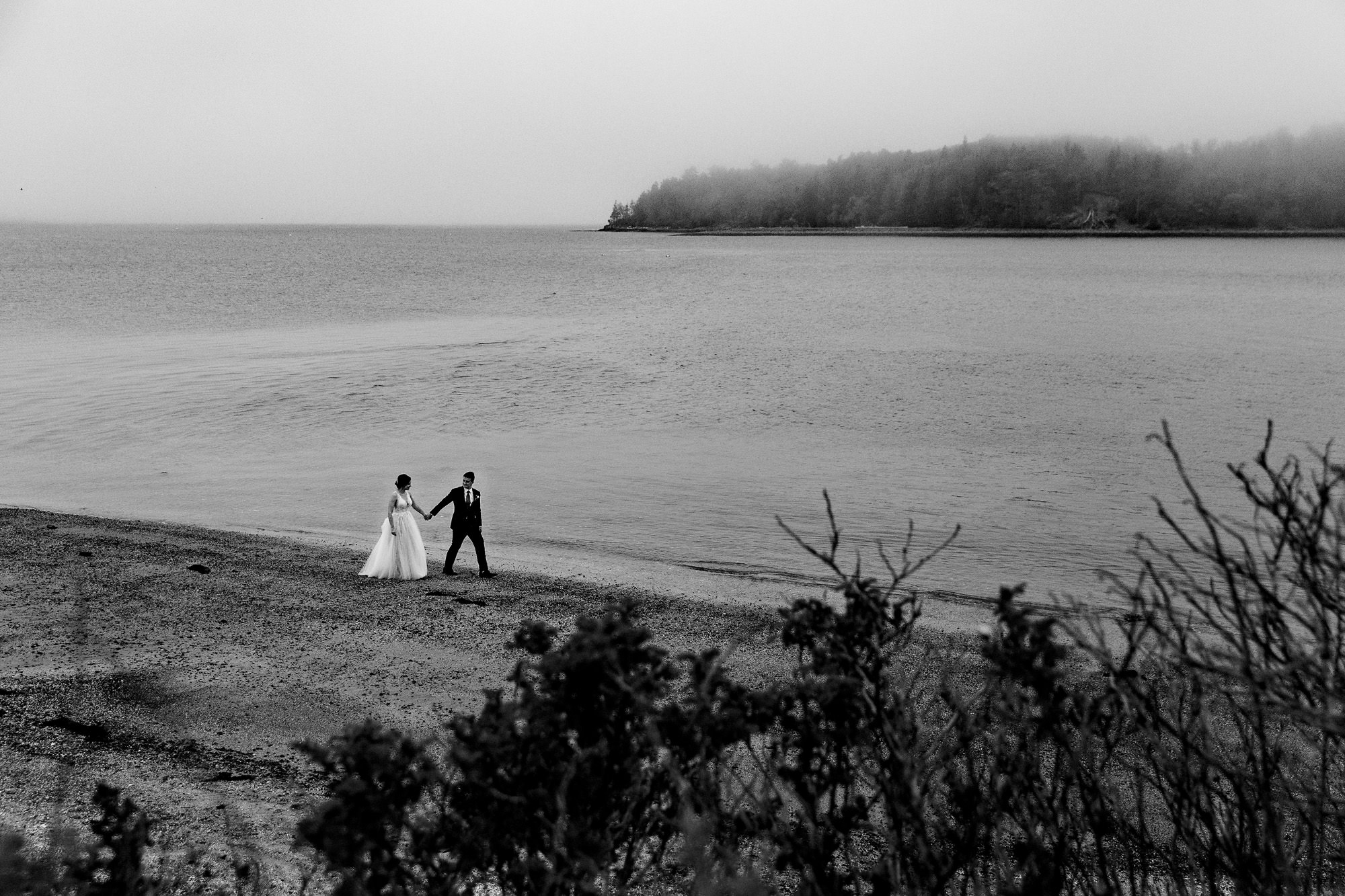 A foggy wedding portrait taken in Bar Harbor, Maine
