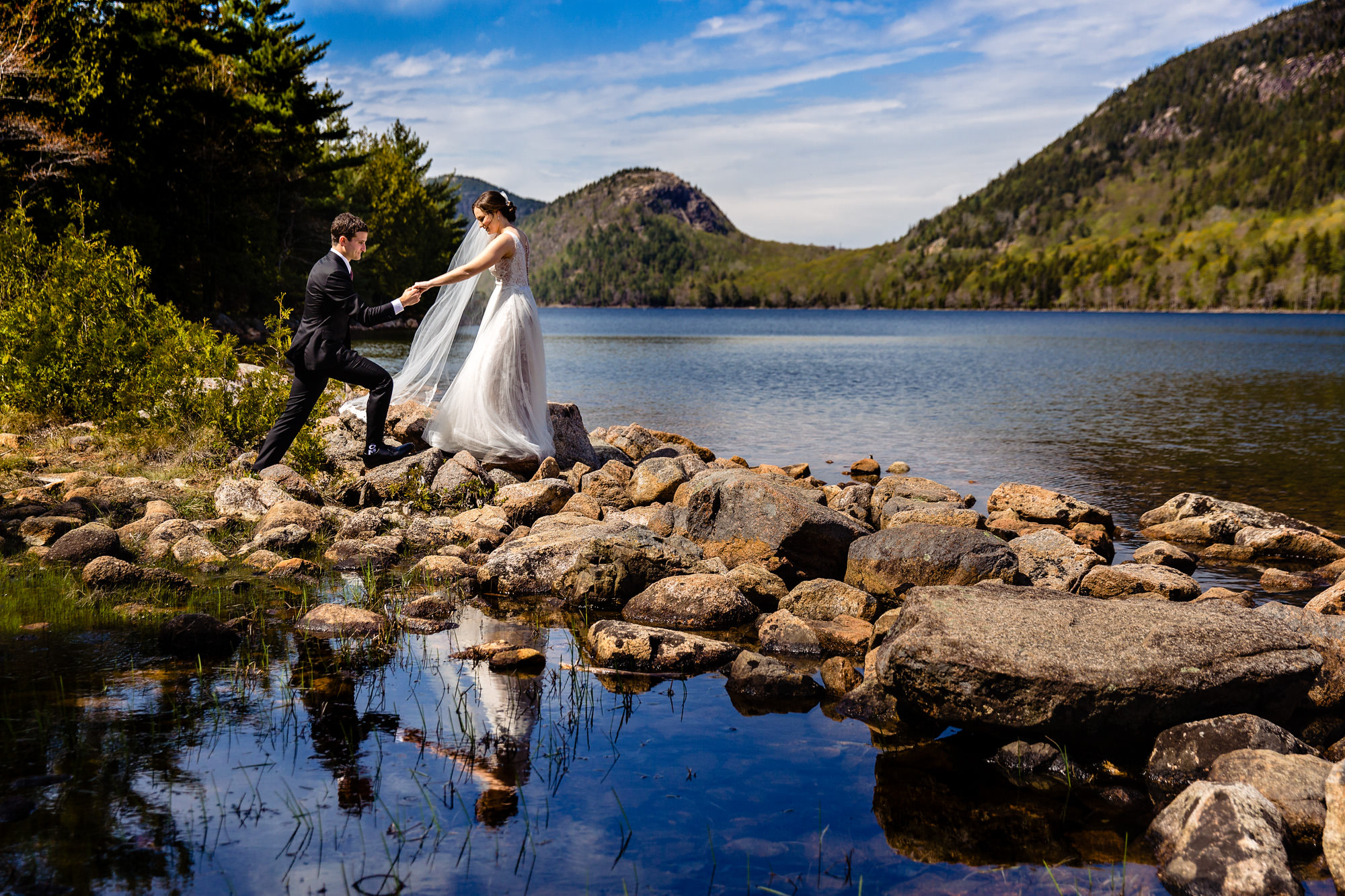 A bride and groom portrait at Jordan Pond in Acadia National Park