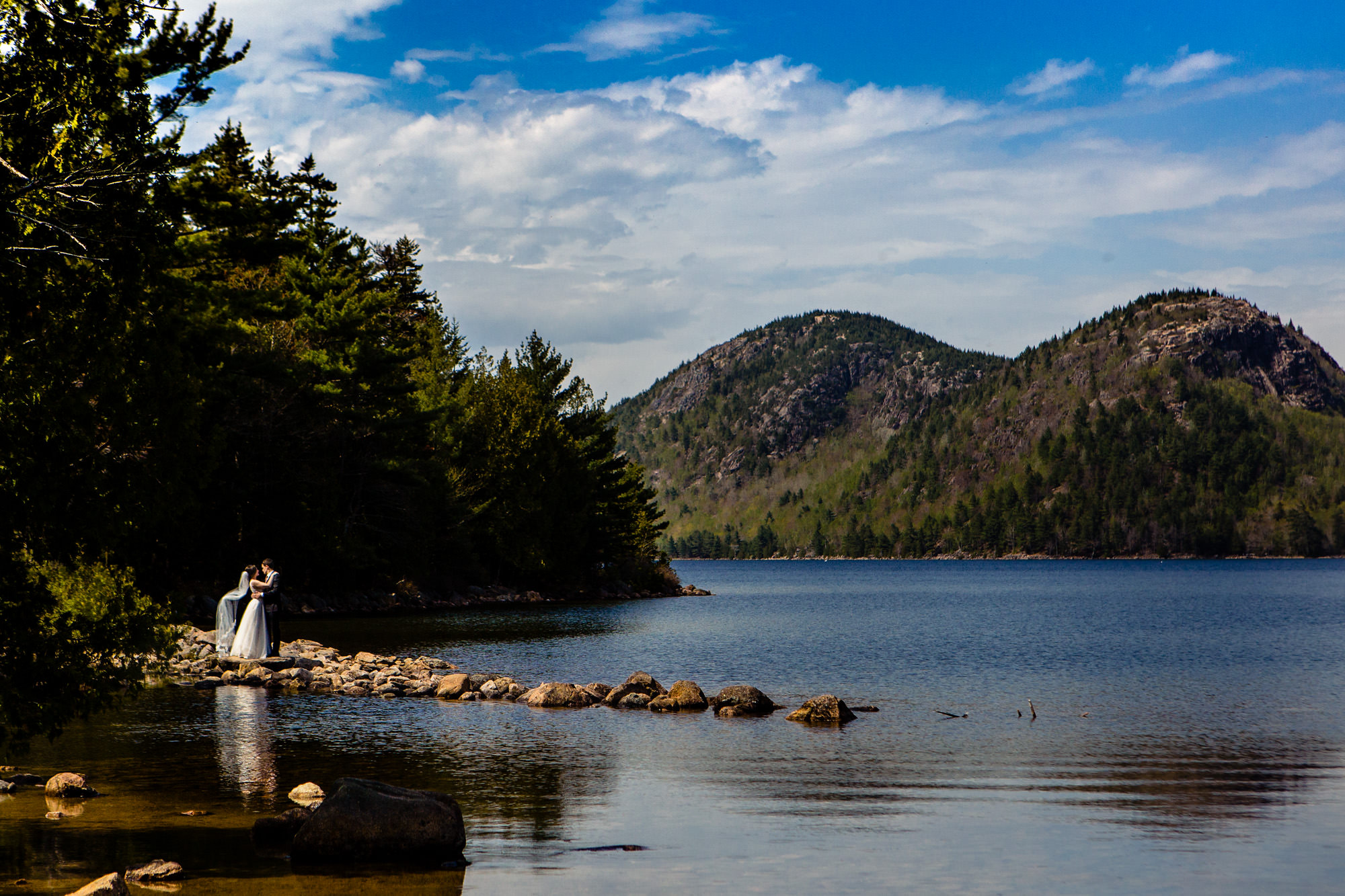 A bride and groom portrait at Jordan Pond in Acadia National Park