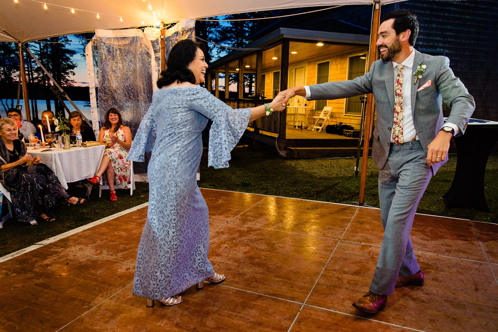 The groom and his mother dance together at a wedding near Bar Harbor, Maine