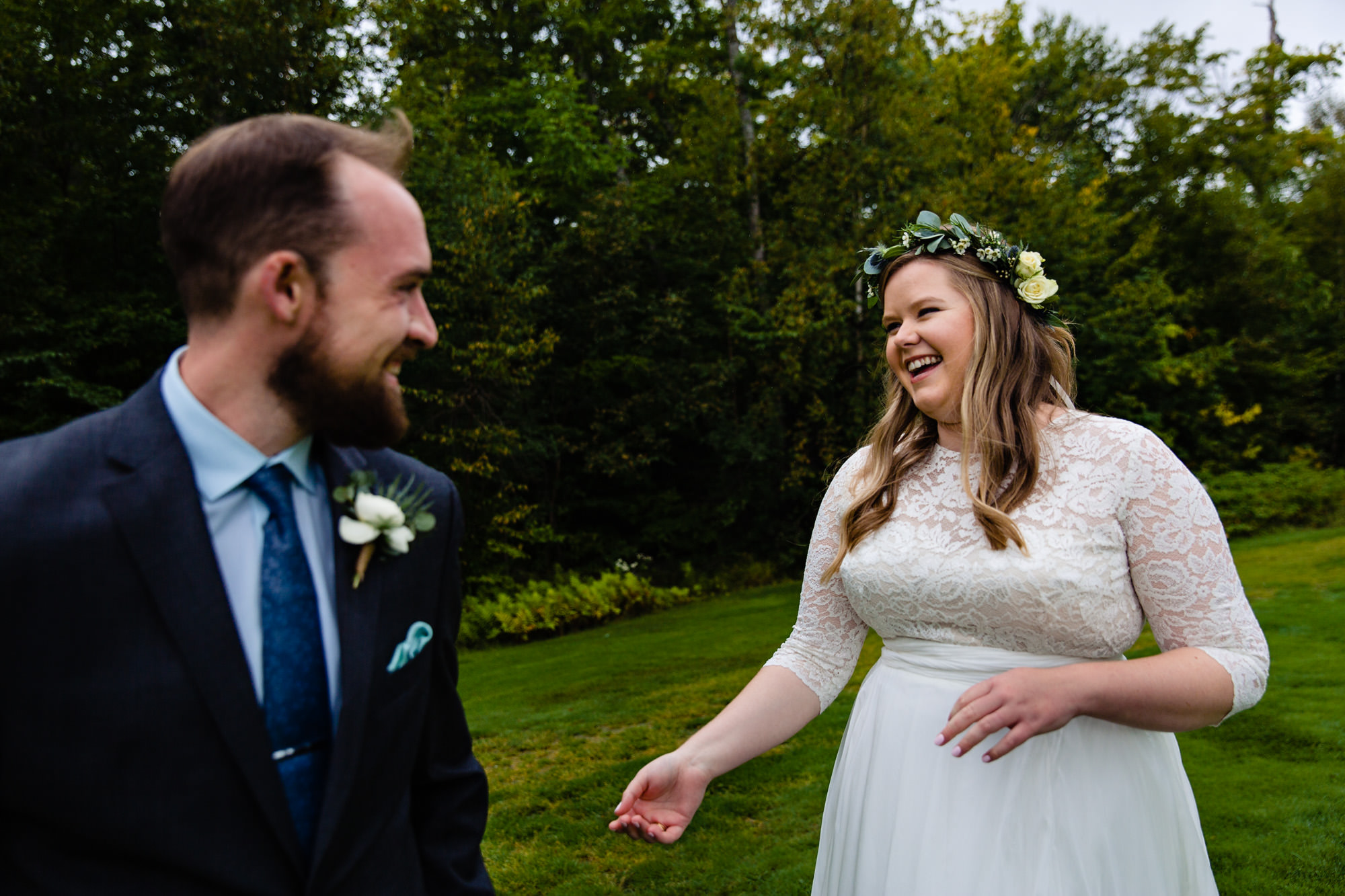 The bride and groom share a first look at their wedding at Sugarloaf Mountain in Maine