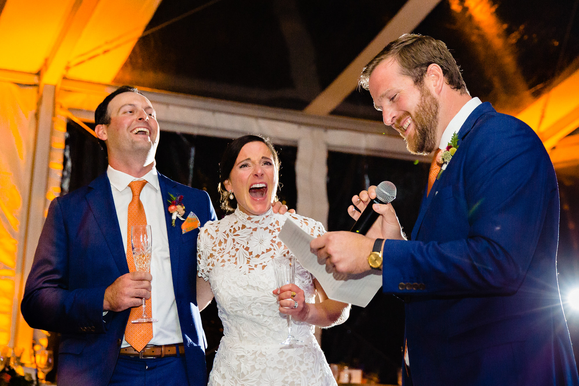 The brother of the bride gives an emotional toast at a midcoast Maine wedding