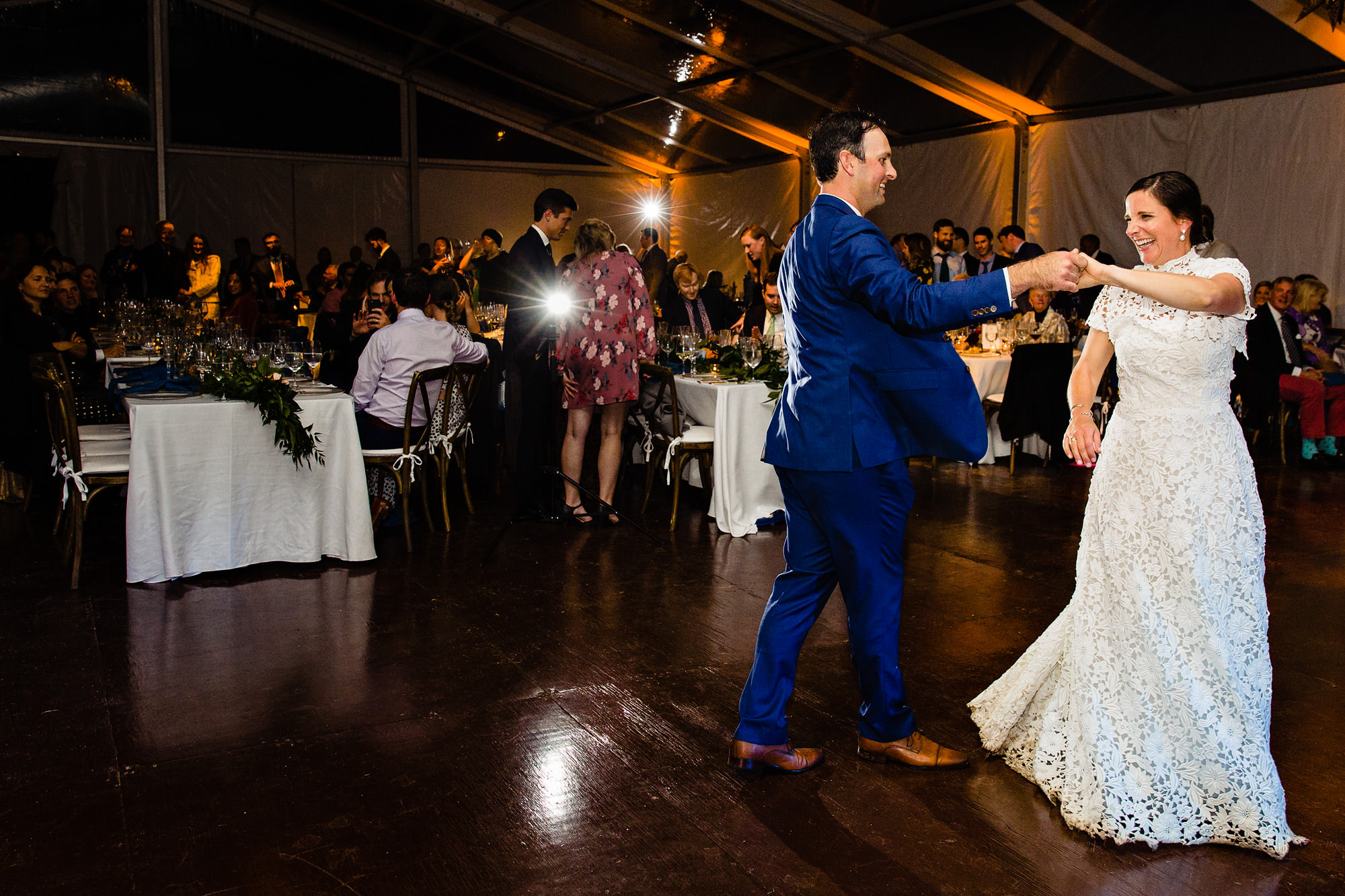 The bride and groom share a first dance at a Blue Hill Maine wedding