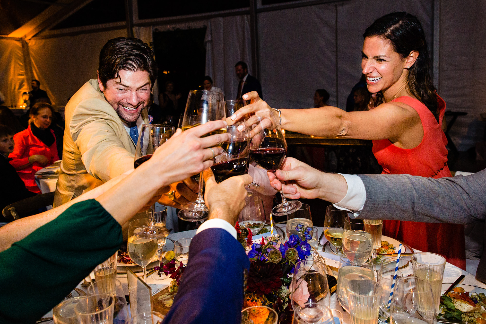 Friends toast at a Maine wedding