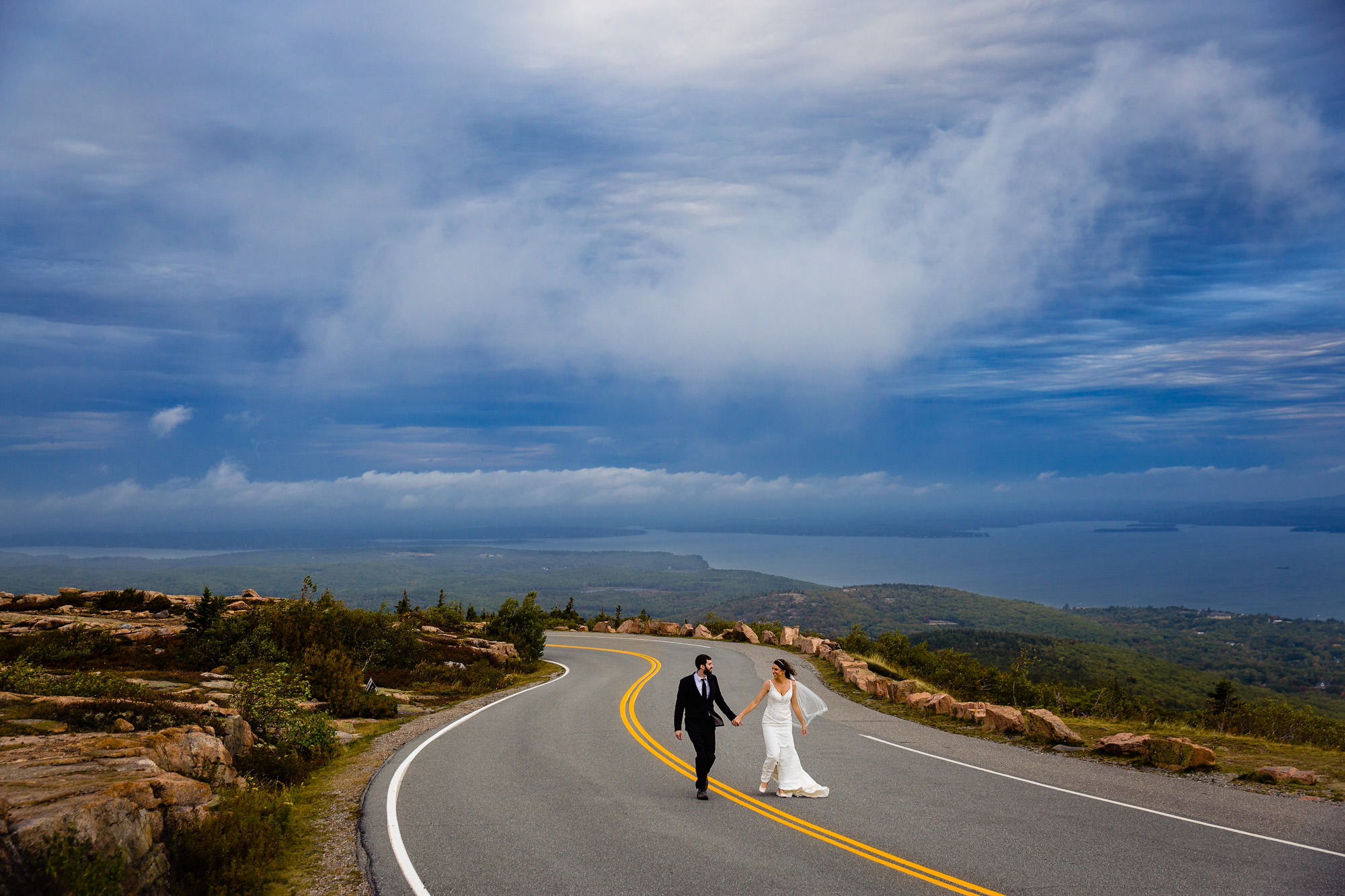 A bride and groom wedding portrait on Cadillac Mountain