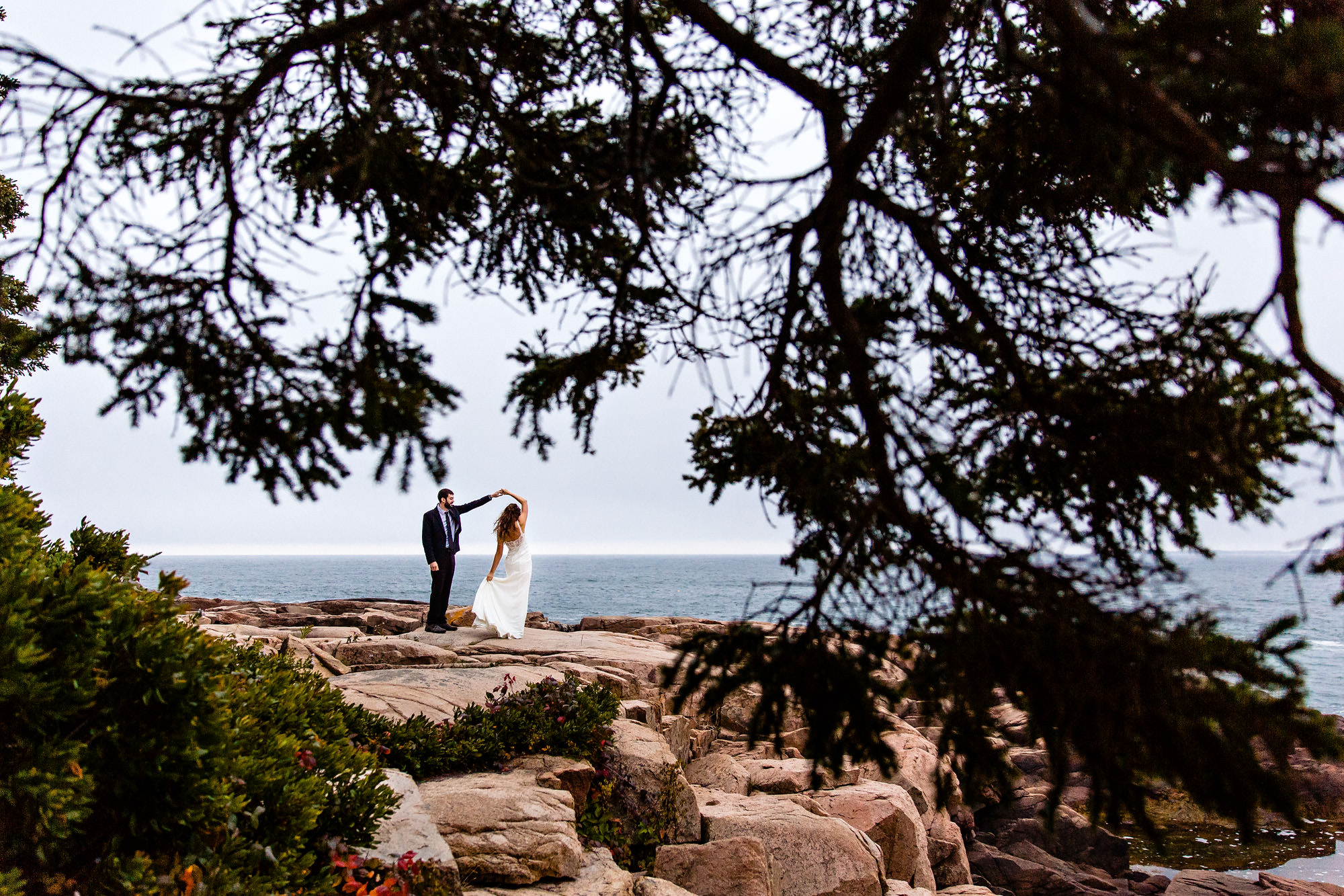 Wedding portraits at Otter Point in Acadia National Park