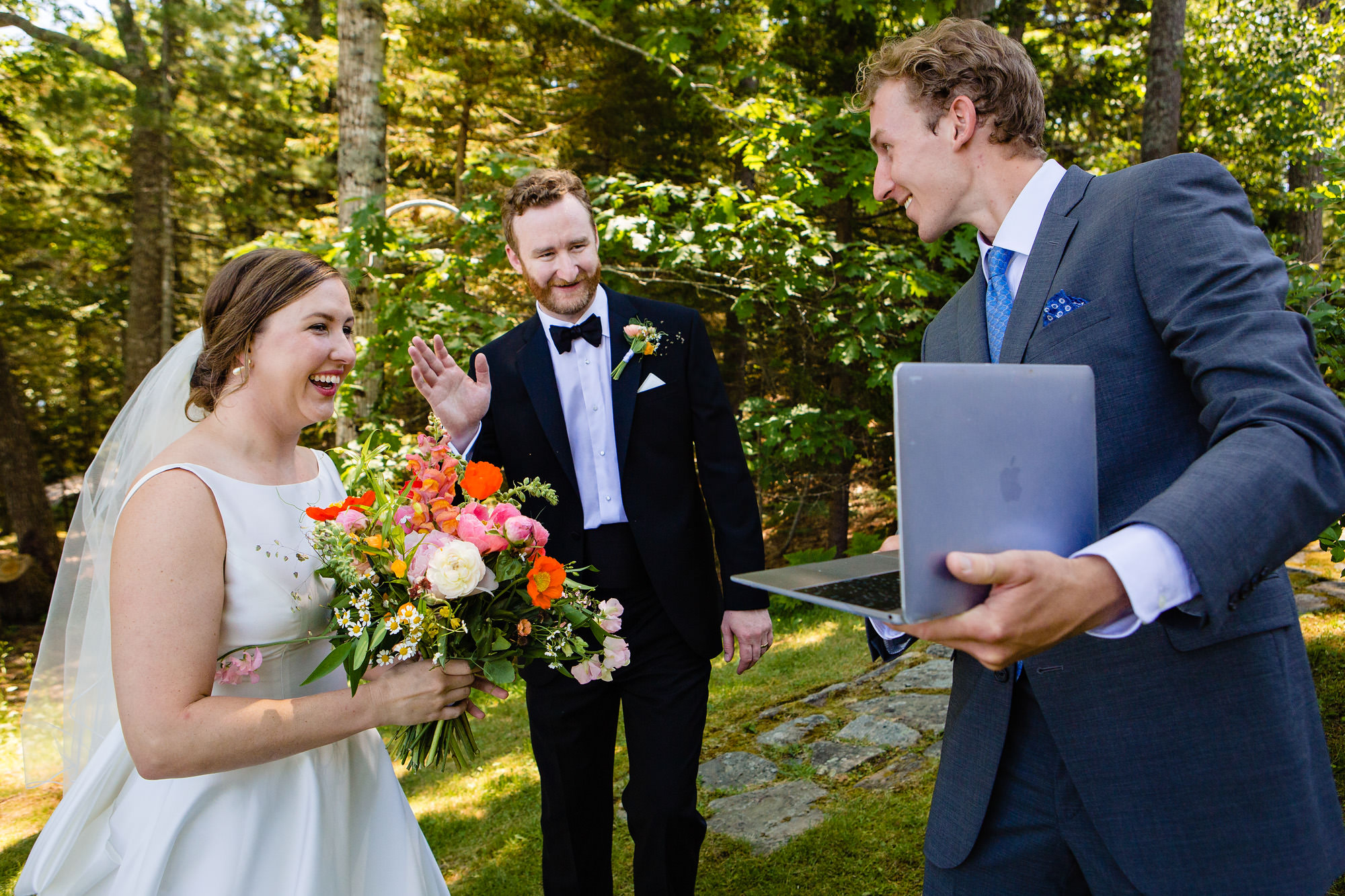 The bride and groom greet family via Skype