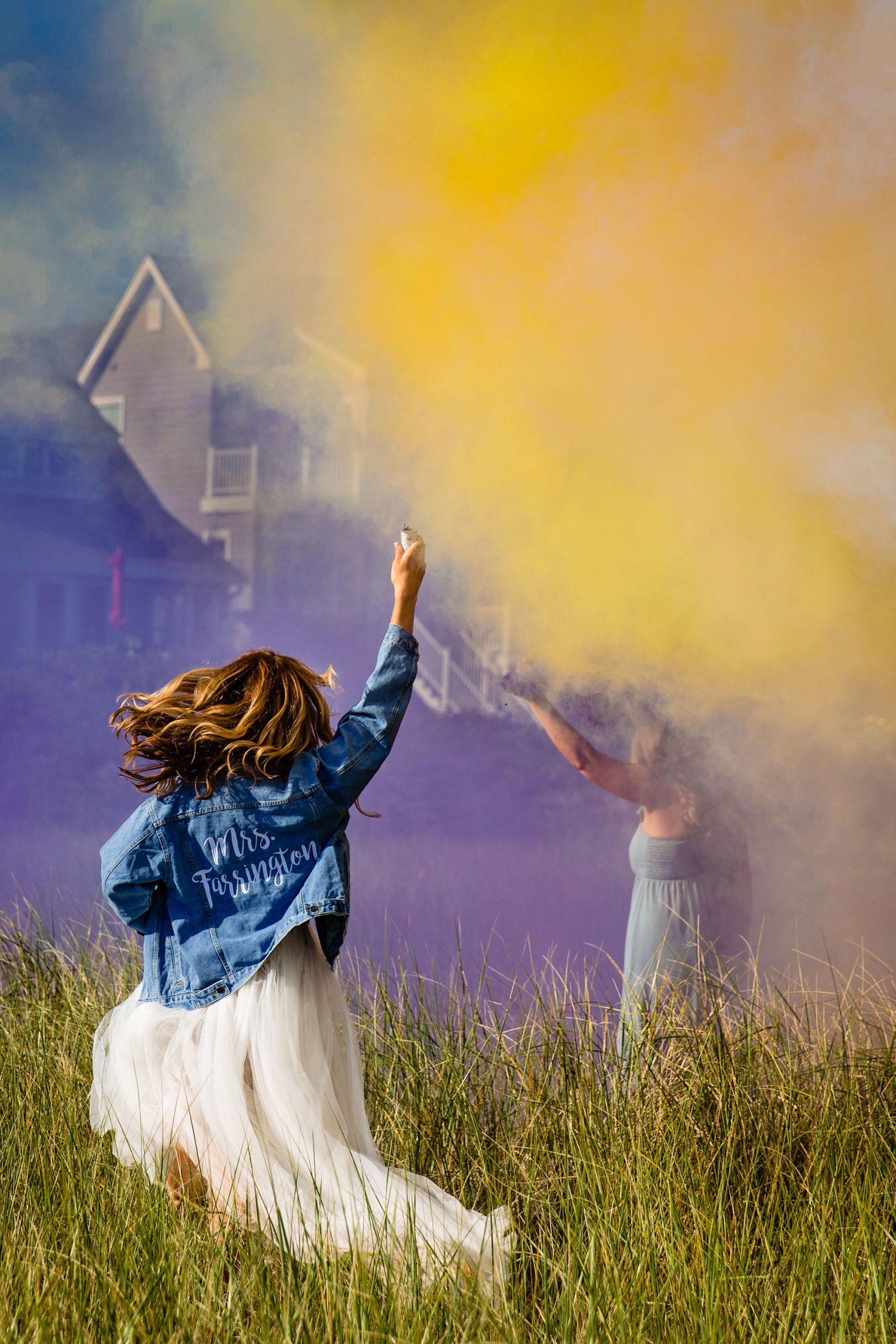 Smoke bomb photos with the wedding party in Southern Maine