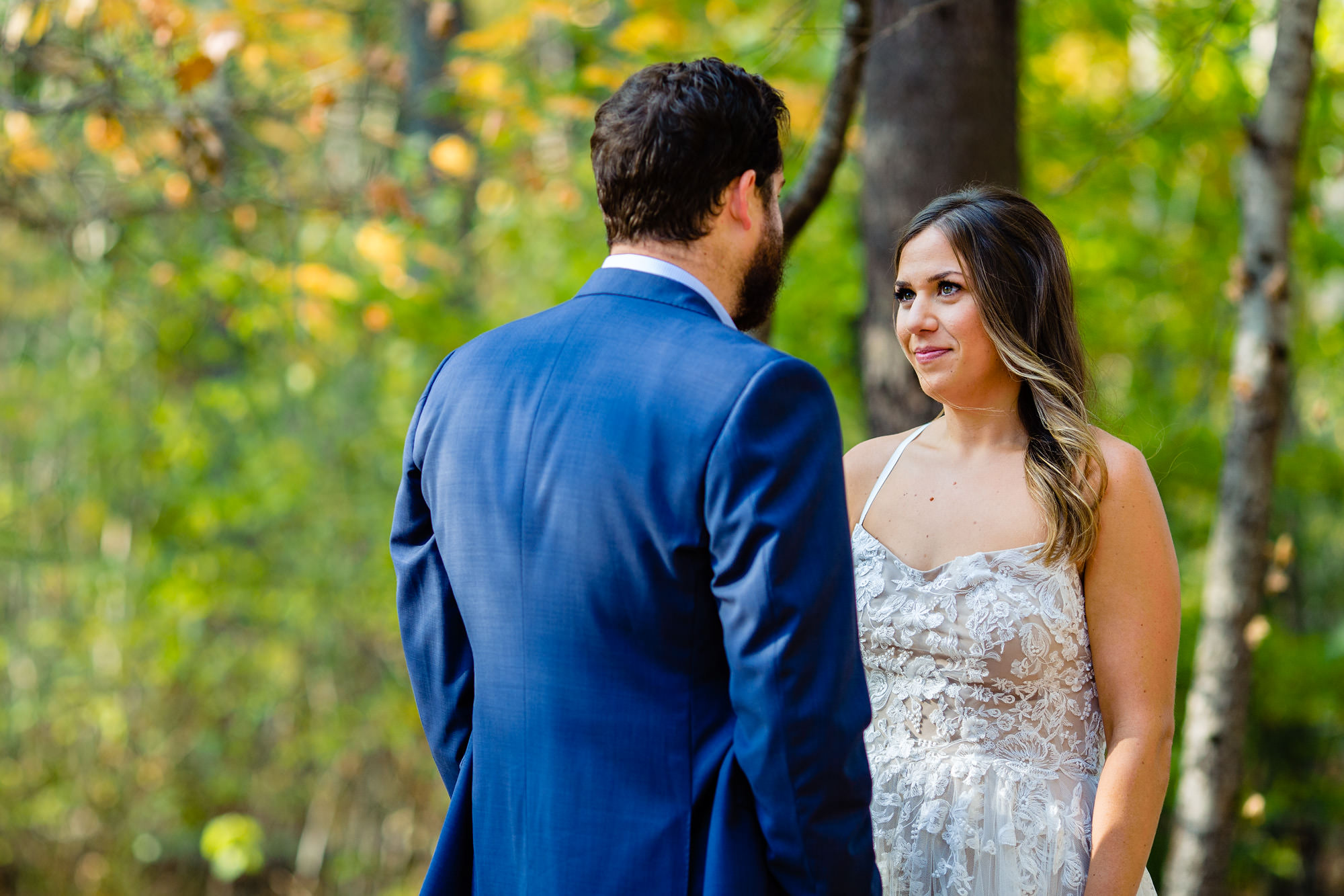 The bride and groom share a first look at their wedding at Barn at Flanagan Farm in Maine
