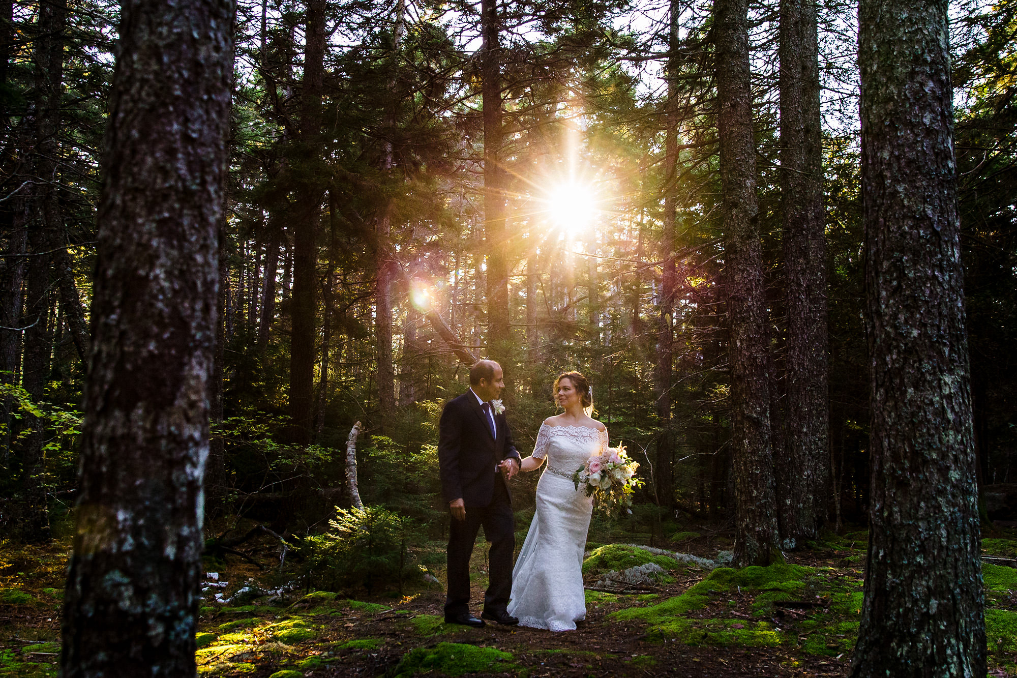 Elopement portraits in the woods at Acadia National Park