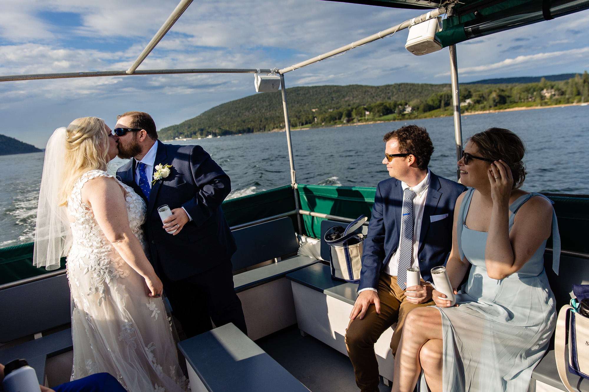 A wedding celebration on a boat after the wedding ceremony on MDI Maine
